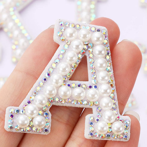 Waydress 26 Piece Rhinestone Iron on Patch A to Z Letter Appliques Adhesive White Pink Colorful Pearl Bling Patch Glitter Alphabet Embellishments ...