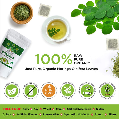 Organic Veda Moringa Tea Bags - 100% Pure Organically Grown Original Green Leaves Moringa Powder Rich in Vitamins, Amino Acids, Antioxidants - Veg...
