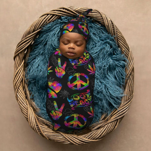 Rainbow Peace Love Sign Gesture Newborn Swaddle Blankets Hat Sets Soft Baby Receiving Blanket Swaddle Sack for Baby Shower Infant Boy Girl Gift...
