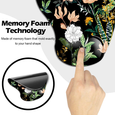Ergonomic Mouse Pad with Wrist Support, Cute Mouse Pads with Non-Slip PU Base for Home Office Working Studying Easy Typing & Pain Relief Black Flo...