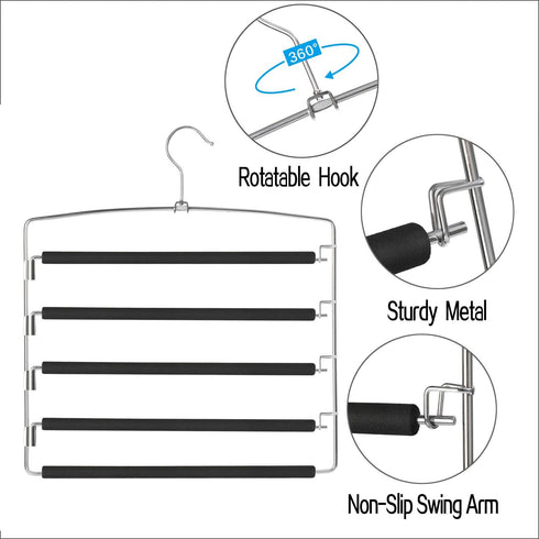 Meetu Pants Hangers 5 Layers Stainless Steel Non-Slip Foam Padded Swing Arm Space Saving Clothes Slack Hangers Closet Storage Organizer for Pants ...