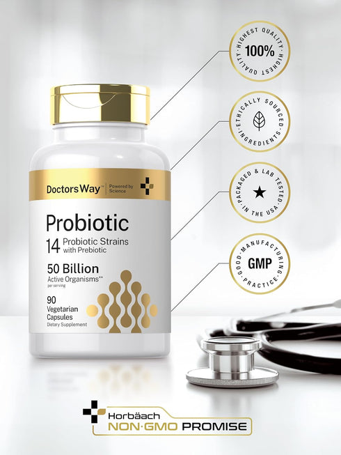 Doctor's Way Probiotic Supplement | 50 Billion Active Organisms | 90 Capsules | 14 Strains with Prebiotic | for Men and Women | Vegetarian, Non-GM...