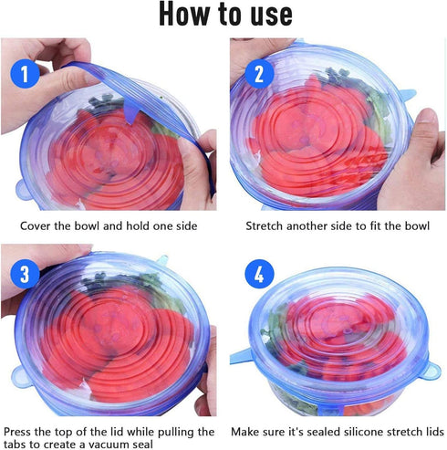 JIGUOOR Silicone Stretch Lids, 6 Pack Reusable Silicone Lids, Durable Food Storage Silicone Covers for Bowl, 6 Sizes to Meet Most Containers to Ke...
