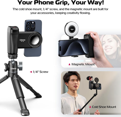 ULANZI Selfie Phone Tripod Mount MA35, 2-in-1 Magnetic & Phone Clip Camera Grip Handle Holder with Detachable Remote Shutter with Cold Shoe Adapte...