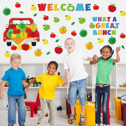 94Pcs Apple Bulletin Board Decoration Set Motivational Fruit Cut-Outs Welcome What A Great Bunch Red Truck Cut Out Apple Honeycomb Balls Border Tr...