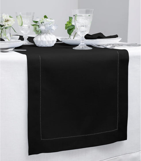 Solino Home Linen Black Table Runner 72 Inches Long - 100% Pure Linen Hemstitch Table Runner 14 x 72 Inch for Dresser, Dining, Summer, Fall, Hallo...
