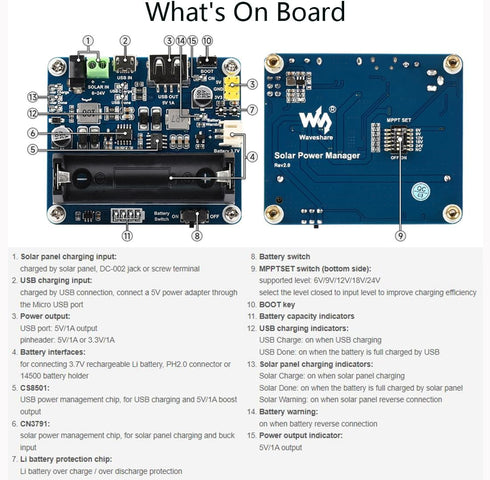waveshare Recharged Solar Power Management Module for 6V~24V Solar Panel, Support Solar Panels, Or USB Power Adapter Battery Charging, 5V/1A or 3....