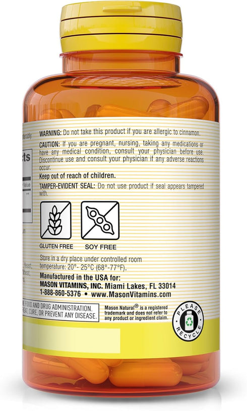 CINNAMON 1000 mg Natural Dietary Supplement Capsules by Mason 100 Ea...