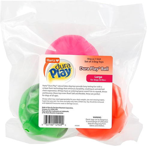 Hartz DuraPlay Ball Squeaky Latex Dog Toy, Neon Green, Neon Pink & Neon Orange, Large 3 Count Pack...