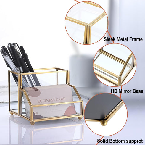 Hipiwe Glass Business Card Holder Stand with Pen/Pencil Organizer Gold Business Name Cards Display Holder for Home Office Desktop Countertop, 2 Sl...