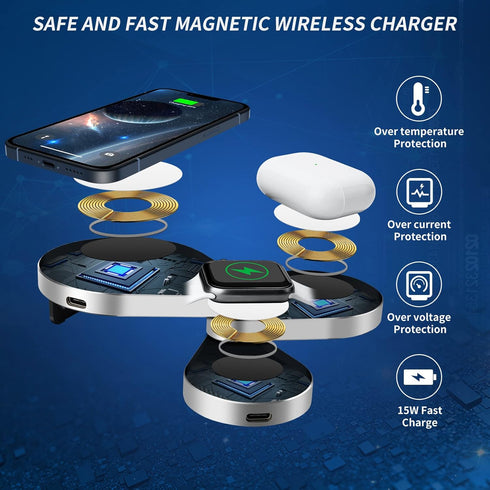 3 in 1 Detachable Magnetic Wireless Charger, 15W Fast Wireless Charging Station for iPhone 13/12, Foldable Wireless Charger Stand Compatible with ...
