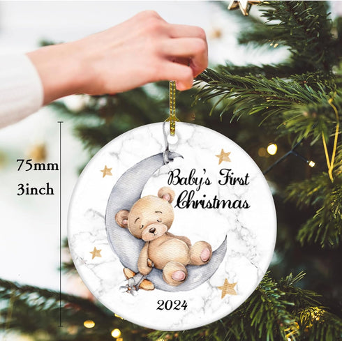 Baby's First Christmas 2025 Boy Bear on The Moon Baby Ornament Christmas Wedding Decoration Baby Ornament Newlywed 2025 (Yellow and White Baby Bea...
