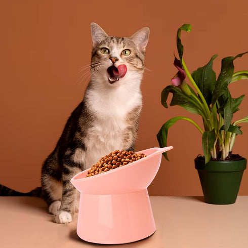 Pink Cat Food Bowl Elevated Tilted Raised Slanted Stand Dish for Neck Protection & Whisker Friendly Feeding-Christmas City Collection, Anti Vomiti...