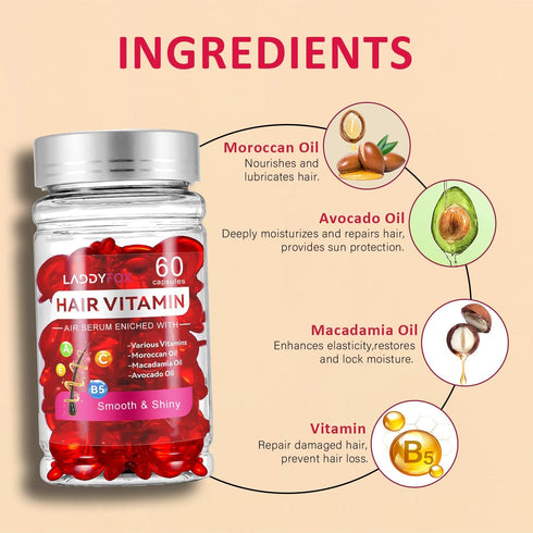 60 Pcs Hair Vitamin Oil Capsules, Rich in Macadamia Nut Oil, Avocado Oil,Moroccan Oil, Vitamin A C E Pro B5 Hair Care Essence, No Need to Rinse an...