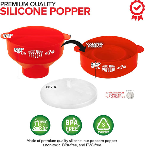 Silicone Microwave Popcorn Popper (Red) Air Popper Popcorn Maker No Oil Required, Collapsible Pop-Corn bowl with Lid, Reusable, BPA-Free, Dishwash...
