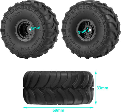 RCHUBAM 1.0" Wheel and Tire Set 4Pcs 69mm * 33mm Large Sticky Crawler Tires with Wheels for 1/18 TRX4M 1/24 Scale RC Crawler Car Axial SCX24 Upgra...