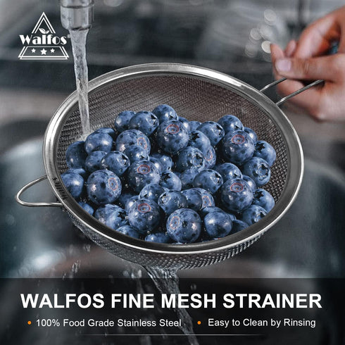 Walfos Fine Mesh Strainers Set, Premium Stainless Steel Colanders and Sifters, with Reinforced Frame Sturdy Handle, Perfect for Sift, Strain, Drai...