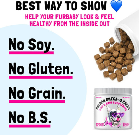 Omega 3 Alaskan Salmon Oil Treats for Dogs 120 Fish Oil Chew Supplement Skin and Coat Allergy and Itch Relief Hip & Joint Health Brain Shedding Ho...