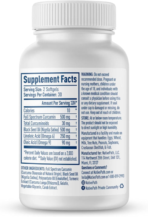 NativePath Turmeric Curcumin with Black Seed Oil - Joint Health and Antioxidant Supplement, 60 Softgels...