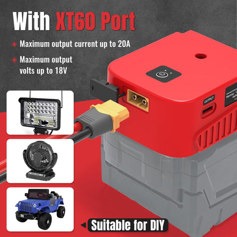 Power Wheels Battery Adapter with USB Ports & XT60 Port, Fit for Milwaukee 18v Battery, Power Adapter for Mobile Devices, Electric Vehicles, DIY P...