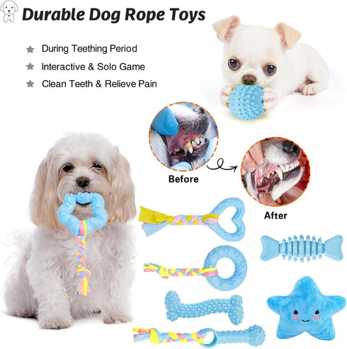 Puppy Toys, 8 Pack Puppy Chew Toys for Teething, Cute Blue Small Dog Toys Set, Teething Toys for Puppies, Soft Durable Interactive Chew Toy for Sm...