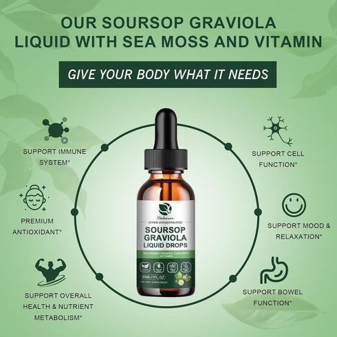 Soursop Graviola Leaf Extract Liquid Drop Plus Pure Botanical Sea Moss for Cell Support & Regeneration, Immunity, Liver, Zzz & Antioxidant - Sours...