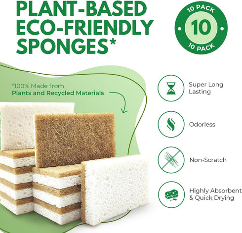10 Pack Biodegradable Natural Kitchen Sponge - Compostable Cellulose and Coconut Walnut Scrubber Sponge - Eco Friendly Sponges for Dishes...