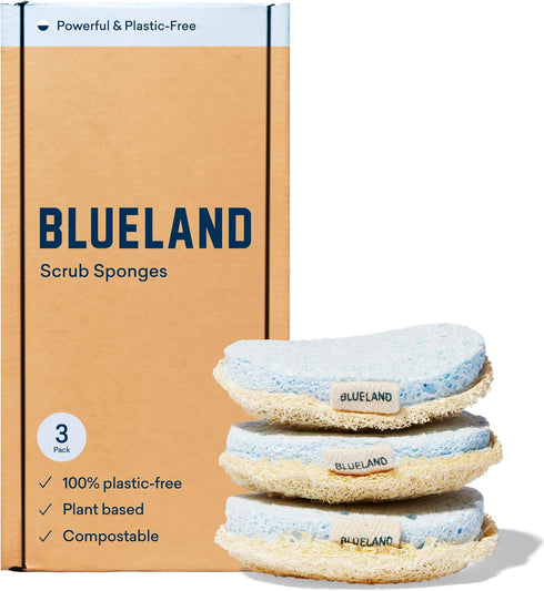 BLUELAND Scrub Sponge - 3 Pack of Dual-Sided Loofah Dish Sponges - Plastic-Free, Plant-Based Kitchen Sponge, Scrubbing Power without Scratching...