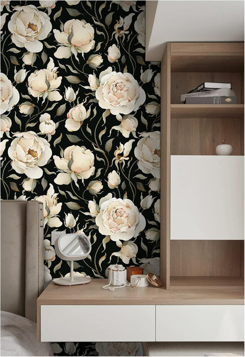HAOKHOME 93242-1 Peel and Stick Wallpaper Floral Vintage Roses Peonies Contact Paper Removable Black/Beige/Olive Self Adhesive Mural 17.7in x 6.5f...