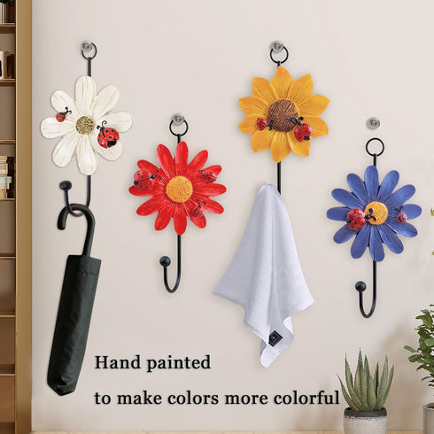 Notakia Creative Daisy Resin Wall Hooks Wall Mounted Art Flower Iron Hook Hand-Painted Hanging Coat/Hat/Key/Towel Hooks Home Decoration(Set of 4)...