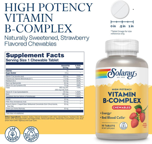 Solaray Vitamin B-Complex Chewables, Strawberry, Healthy Energy, Red Blood Cell, Stress & Metabolism Support, 50 Tablets...