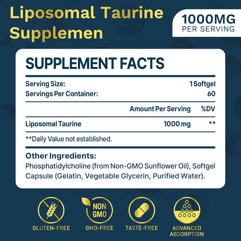Liposomal Taurine Supplement 1000mg, High Absorption Amino Acid for Heart, Nerve, Brain, Visual, Longevity & Muscle (60 Softgels - 1 Pack)...