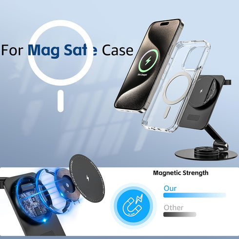 Aukvite for Magsafe Charger Stand 2 in 1, 360° Rotatable Mag Safe Charging Stand for iPhone 15 pro 14 13 12, Magnetic Wireless Charging Station fo...