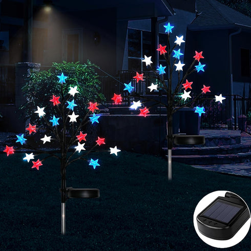 2 Pack 4th July Decorations Outdoor Solar Lights Patriotic Decorations Solar Red White Blue Star Lights Waterproof Outdoor Independence Day Lights...