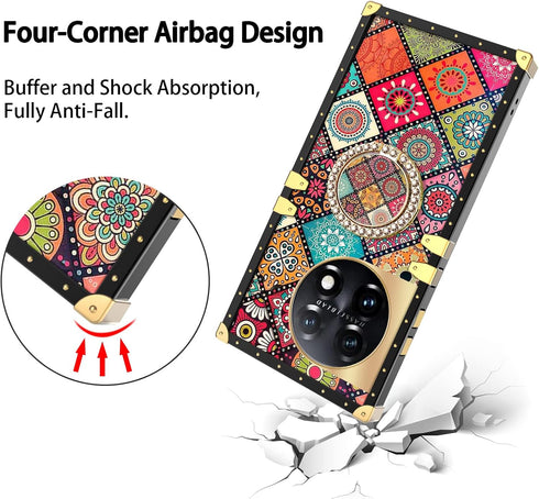 nancheng for Oneplus 11 Square Case (6.7-inch) with Ring Stand Cute Girls Women Retro Mandala Flower Pattern Metal Reinforced Corners Shockproof P...