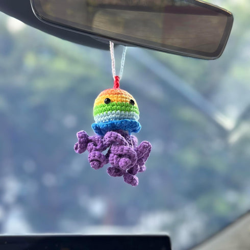 Crochet Rainbow Jellyfish Pendant for Car Interior Rearview Mirror, Car Hanging Knitted Jellyfish Charm Ornament, Handmade Car Accessories Gift...