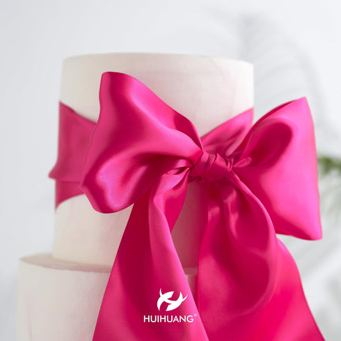 HUIHUANG Hot Pink Ribbon 4 inch Wide Double-Faced Satin Ribbon Fuchsia Ribbon for Wedding Chair Sash Bridal Shower Decor Large Bows Making Flower ...
