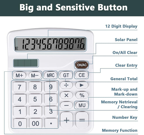 Cute White Desktop Calculator with Big Buttons, Dual Power Source, Solar and Battery, Large Display Screen - Perfect for Office, Teachers, and Stu...