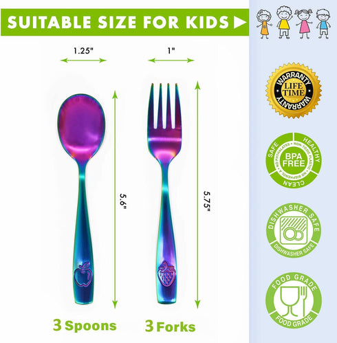 6 Piece Stainless Steel Kids Silverware Set - Child and Toddler Safe Flatware - Kids Utensil Set - Metal Kids Cutlery Set (Includes 3 Small Kids S...