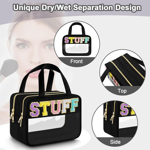 Chenille Letter Clear Makeup Bag, Preppy Cosmetic Bag Clear Snack Bags with Zipper, Stuff Bag Waterproof Sunscreen Bag Travel Toiletry Bag Cosmeti...