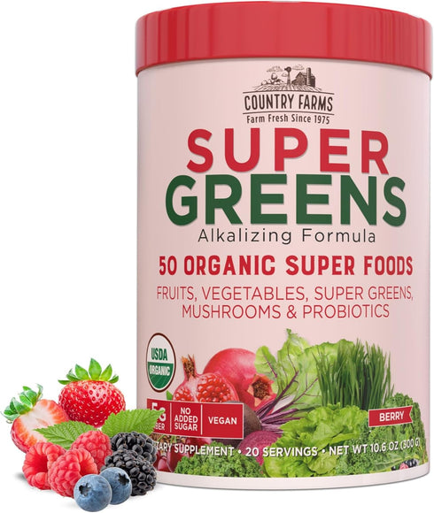 Country Farms Organic Super Greens Berry Flavor, 50 Organic Super Foods, Packed with Fiber, USDA Organic Drink Mix, Fruits, Vegetables, Mushrooms ...