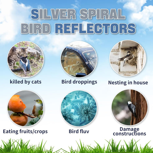4 Pieces 20 Inches Silver Spiral Bird Reflectors Deterrents for Outside, Hanging Mylar Reflective Wind Spinner Bird Repellent Devices Keep Animals...
