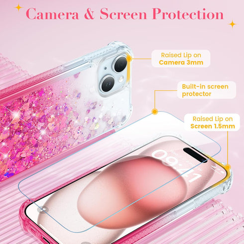 Ruky for iPhone 15 Case, with Screen Protector Glitter Sparkle Flowing Quicksand Waterfall Flexible Soft TPU Protective Women Girls Phone Case for...