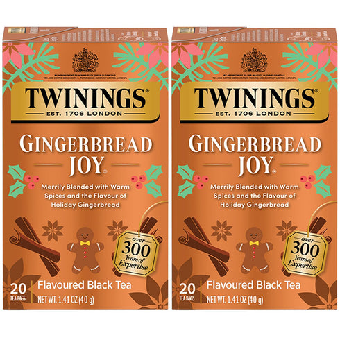 Twinings Gingerbread Joy Holiday Tea, Black Tea Naturally Flavored with Cinnamon and Ginger, Tea Bags Individually Wrapped, 20 Count Ea (Pack of 2...
