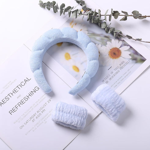 Skincare Headband and Wristband Set for Face Washing Spa Blue Bubble Soft Headbands for Women Makeup Skin Care Hairbands Sponge Terry Cloth Head B...