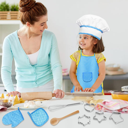 Kids Cooking and Baking Set,11 Pcs Kids Aprons for Girls,Chef Costume Set,Includes Kids Apron and Chef Hat,Mitt & Cooking Cutters,Toddler Chef Rol...