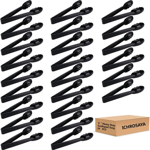 24 Pieces Plastic Salad Tongs, Black Kitchen Serving Tongs, 9 Inch Disposable Utensils Set, Heavy Duty Scalloped, Perfect for Buffets and BBQ, Foo...