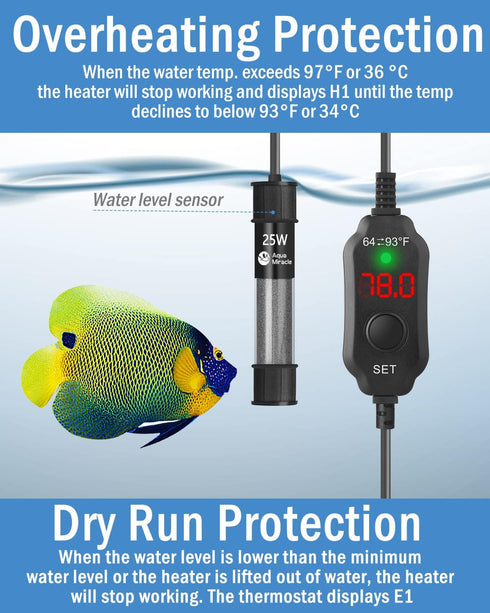 AquaMiracle Adjustable 25W Aquarium Heater Submersible Fish Tank Heater Super Short Aquarium Heater with LED Digital Display Thermostat, for Tanks...