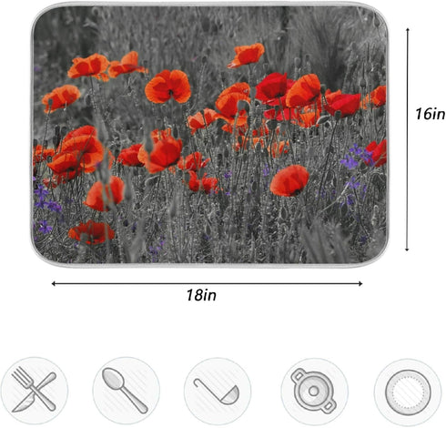 Beautiful Meadow Red Poppy Flowers Absorbent Dish Drying Mat Microfiber Kitchen Countertop Table Protector Multi-Purpose Counter Rack Sink Drainer...