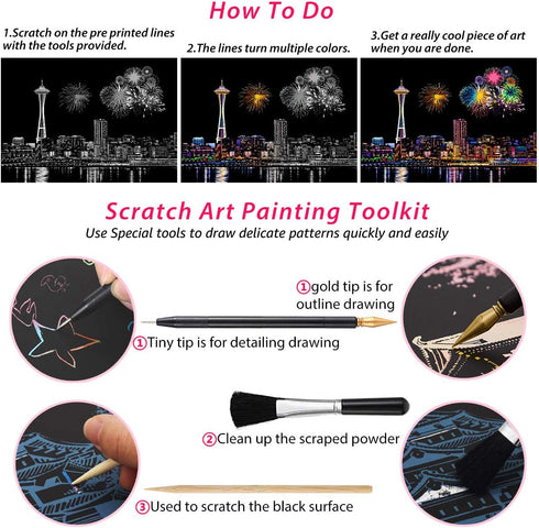 MIASTAR Scratch & Sketch Art for Teens & Adults, Rainbow Painting Night View Scratchboard(A4), Art & Craft, 4 Sheets Scratch Cards & Drawing Pen, ...